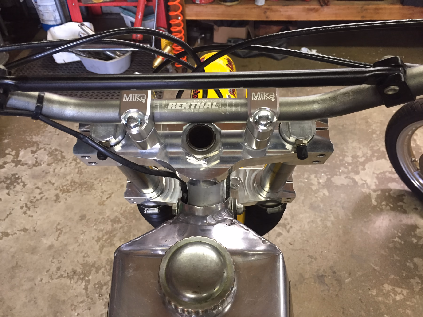 Nor-Cal Vintage Racing billet triple clamp installed on a Yamaha